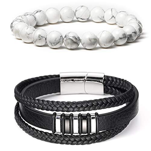 BINLUN Juego de 2 Pulseras, Pulsera de Cuero Trenzado Negro & Pulsera con Cuentas de Piedras Preciosas turquesas Blancas Pulsera elástica Tejida para Yoga Pulseras Personalizadas Regalo para Navidad