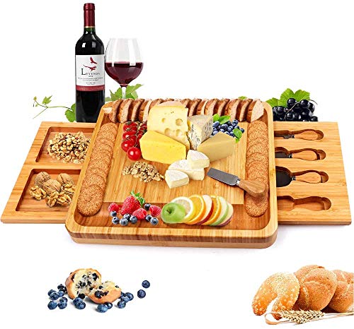 Bossjoy Tabla de queso de bambú con herramientas de queso, placa de queso Charcuterie, bandeja para servir para vinos y carne, servidor de madera grande, regalo caliente para gourmets