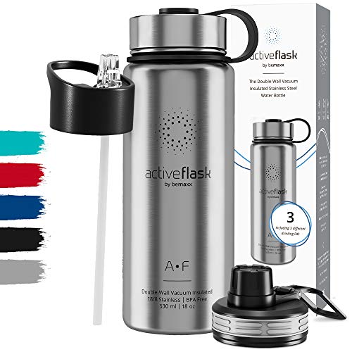 Botella de Agua Térmica Active Flask + Pajita (3 Tapones) sin BPA - 1l & 500ml | Frasco Termo de Acero Inoxidable + Aislamiento Vacío | Cantimplora Aislada Bicicleta Deporte Caliente Fría Café Té