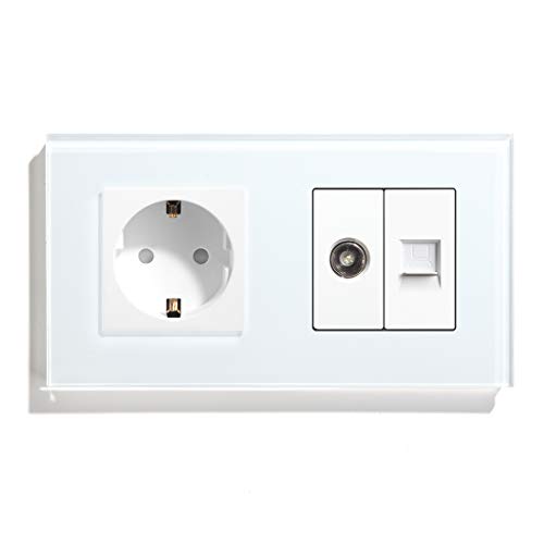 BSEED Enchufe de pared con 1/2 PC+ TV,Antena de TV coaxial y Ethernet RJ45 Cat5e,Panel de cristal Schuko Enchufe Blanco toma Doble 16A a 250V enchufes de extensión 157mm