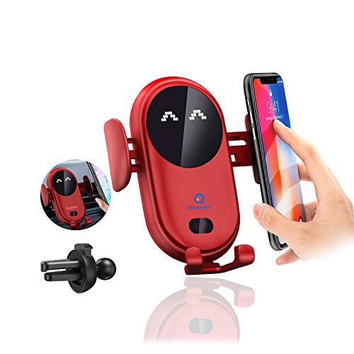 Cargador Inalámbrico Coche, Sensor de Movimiento 360° Wireless Car Charger Soporte con Bloqueo Automático Rápida Salida de Aire Soporte Teléfono Coche para iPhone 12 Pro XR XS 11 8 7 Plus(Rojo)