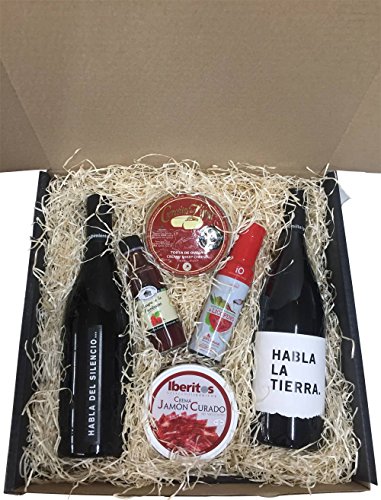 Cesta regalo gourmet con vinos Habla de la Tierra y Habla del Silencio, Cremosito del Zujar, crema jamón curado, vinagre frambuesa y aceite con licopeno