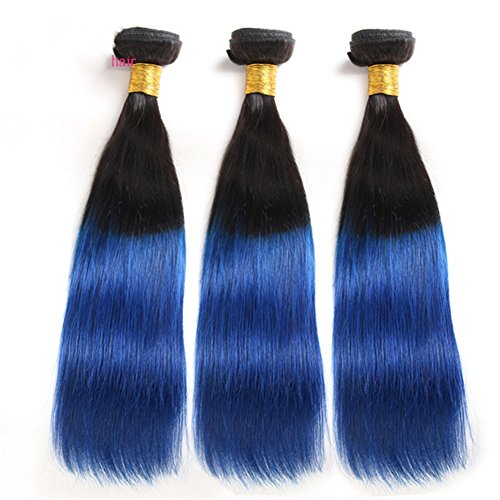 CHUANMEI Azul Tresillo Cabello Extensiones Dos Tono Tresillo 8A brasileño Cabello Teje Virgen Derecho Humano Cabello Trama 1 Haz 100g(1B/Azul), 24"