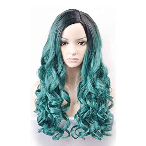 CHUATAFA Largo Rizado Ola Azul Cosplay Sintético Pelucas Oscuro Raíz Tresillo Color Cosplay Fiesta Cabello Pieza para Mujer con Peluca Gorra