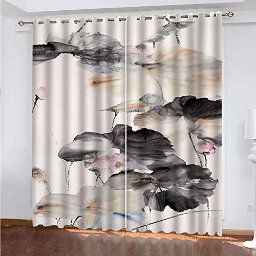 CLZLH 3D Cortina Opaca Con Ojales Cortinas Térmicas Aislantes Decoración Ventanas - Impresión Digital Cocina De Dormitorio De La Sala De Estar - 140X160Cm - Paisaje De Loto De Tinta