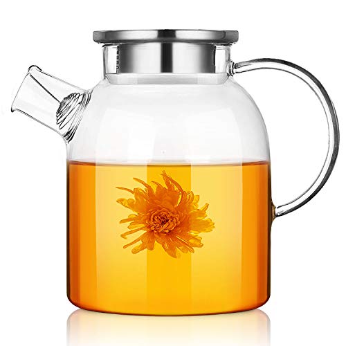 CNNIK Tetera de Varios, 1.6L Jarras de Cristal de borosilicato con Tapa Acero Inoxidable, Jarras para Agua para Agua Caliente/fría/Helada Té Vino Café Leche y Jugo Bebidas