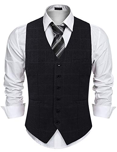 COOFANDY Chaleco de traje para hombre, chaleco de traje a cuadros, chaleco para hombre, cuello en V, sin mangas, corte ajustado, para esmoquin, para negocios, bodas Negro L