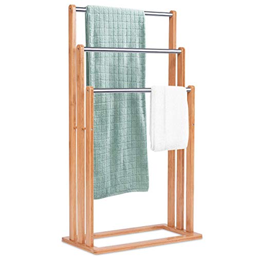 COSTWAY Toallero de Baño de Pie con 3 Brazos de Bambú Acero Inoxidable Toalla Soporte Organizador Color Natural