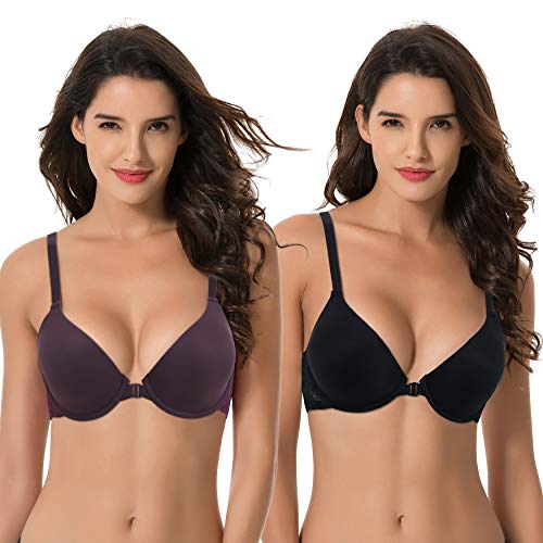 Curve Muse Sujetadores de Cierre Frontal con Aros y Cobertura Completa de Talla Grande para Mujer-Paquete de 2-Negro, CIRUELA-105C