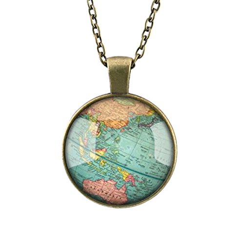 DELEY de la Vendimia Larga Cadena de Bronce Mapa del Mundo de Cristal Cabochon Cúpula Joya Colgante del Collar de la Declaración Color C