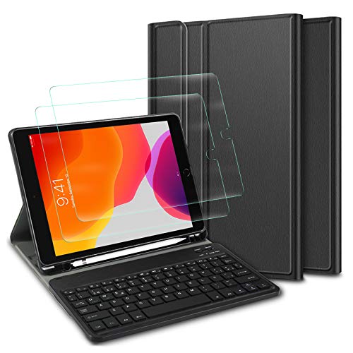 ELTD Español diseño Teclado Funda [con la tecla (ñ)] + película templada[2 Paquetes] para Nuevo iPad 8/7(10,2 Pulgadas, 2020/2019) / iPad Air 3/ iPad Pro 10,5, Funda con Desmontable Wireless Teclado