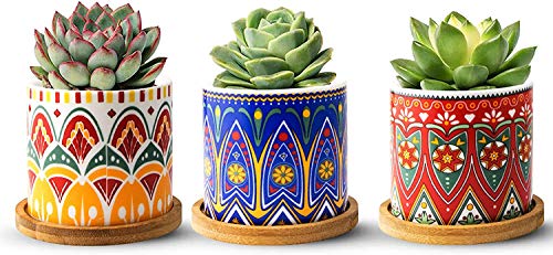 FairyLavie Macetas Pequeñas para Plantas de Cerámica de 9CM, Plantador para Suculentas con Patrón de Mandala, Tiesto de Flores con Bandeja de Bambú, Conjunto de 3PCS