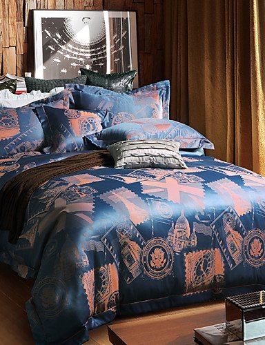 Gaol, four-piece Suit, BETTERHOME Jacquard de seda mezcla de algodón 4 piezas funda nórdica Sábana almohada ropa de cama, Reina, Matrimonio doble