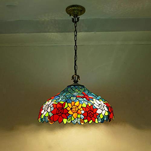 GDLight Tiffany Style Red Rose Colgante Lámparas Arte Vintage Vidrio Manchado Lámparas Colgantes Ajustables Luces de Isla Pastoral para Pasillo Comedor Cocina Cafetería Bar,46cm