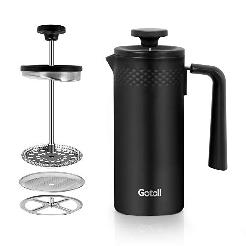 Gotoll Cafetera Francesa de Émbolo Individual Prensa 0,35 Litros (350ML, 2 Tazas) French Press Cafetera y Tetera de Acero Inoxidable con Filtros de Repuesto, Apta para lavaplatos - Negro