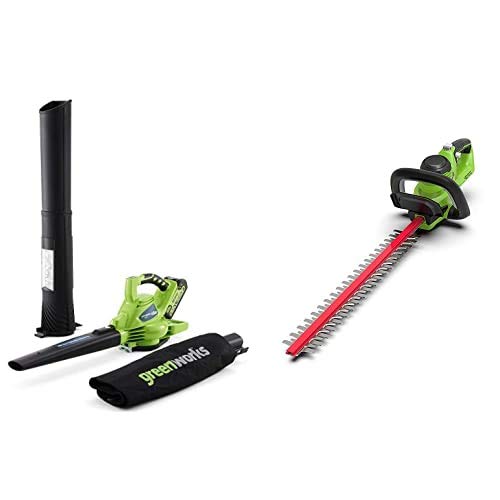 Greenworks aspirador y soplador de hojas inalámbrico 2en1 GD40BV & cortasetos inalámbrico G40HT, Li-Ion 40V 280 km/h velocidad 61cm longitud 27mm espesor de corte & 2x2,5Ah batería y cargador