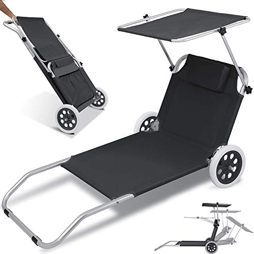 GT-LYD Tumbonas, Aluminio Tumbona Plegable con Tejado, 2 Ruedas, Ajustable del Respaldo, hasta 120 Kg, Jardín Tumbona, Plegable Beach Trolley Ocioso