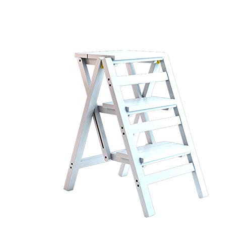 HF- 3 Niveles de Escalera Plegable del Taburete Multiusos del reposapiés del hogar Escala de Madera Flor portaescaleras de Madera Maciza de contracción de Escalera (Color : Blanco)