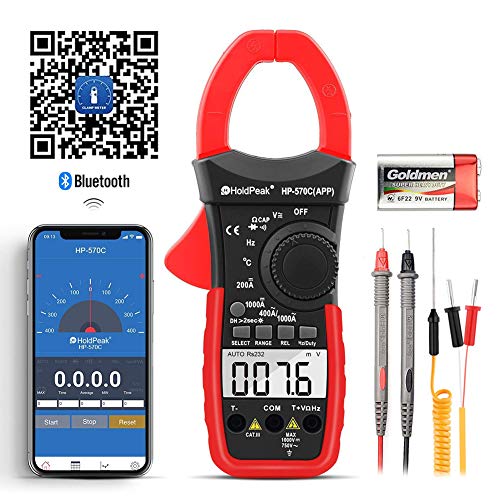 HoldPeak Pinza Amperimétrica HP-570C-APP, Multímetro de 4000 Rango Automático, Voltaje,Corriente,Resistencia,Capacitancia,Temperatura,Prueba de Diodo para la Industria o el Hogar