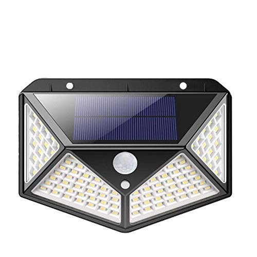 Ibello - Lámparas solares para exteriores (100 ledes, 270 °, detector de movimiento, 2200 mAh, luz blanca cálida, para exteriores, 3 modos, IP65, impermeables, lámpara de pared para jardín, escaleras