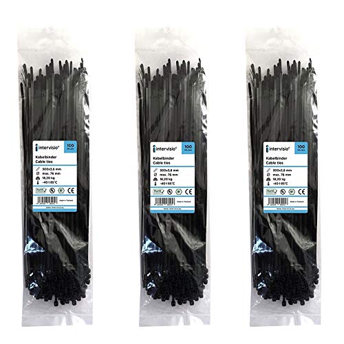 intervisio Juego Bridas de Plastico para Cables 300mm x 3,6mm, Negro, 300 Piezas