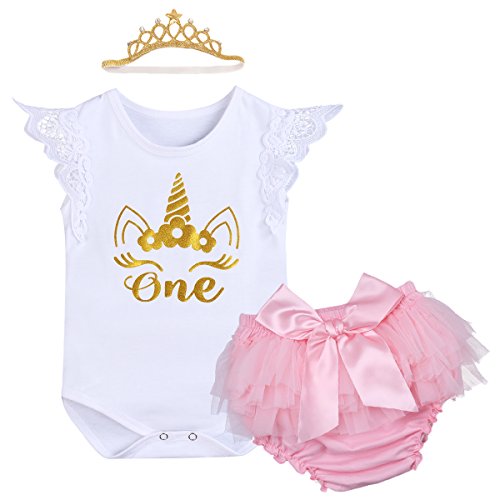 IWEMEK Bebé Niñas Primer Cumpleaños Princesa Unicornio Trajes de Fiesta 3pcs Conjunto de Mameluco + Bloomers de Tutú Rosa con Bowknot + Corona Diadema Carnaval Ceremonia Disfraz Sesión de Fotos