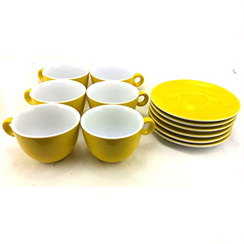 Juego de 6 Tazas para Capuccino de Porcelana con Platos, Capacidad 210ml, Color Amarillo, ideal para café con leche.