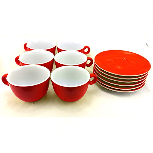Juego de 6 Tazas para Capuccino de Porcelana con Platos, Capacidad 210ml, Color Rojo, ideal para café con leche.