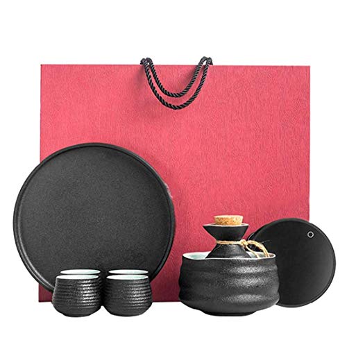 Juego de sake con calentador, juego de saki caliente de cerámica tradicional de 8 piezas que incluye 1 estufa de vela, 1 taza de calentamiento, 1 olla de sake, 4 tazas de sake y 1 bandeja, termostato