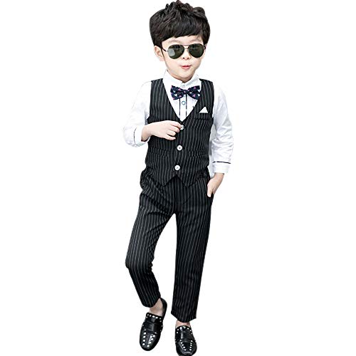 KINDOYO Trajes De Ceremonia Niños - Moda Slim Fit Niños Traje Bautismo Fiesta Boda Traje de Graduación, Negro-4 Piezas, EU 120=Tag 130