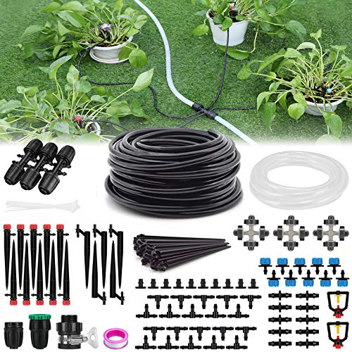 Kit Riego por Goteo, 40M+3M Sistema de Riego Jardín Manguera con Ajustable Boquilla Aspersor Pulverizador y Gotero para Jardin, Invernadero, Huerto, Macetas, Patio, Terraza