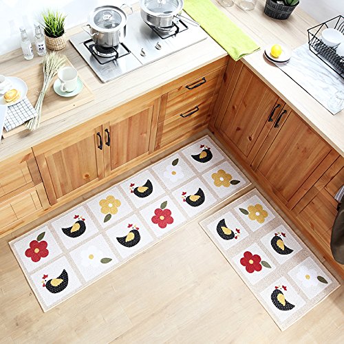 KOOCO tapete de Cocina Conjunto de Dibujos Animados Felpudo Alfombra Larga Estera Absorbente tapetes de baño, gallina, 50 * 80 + 50 * 160 cm