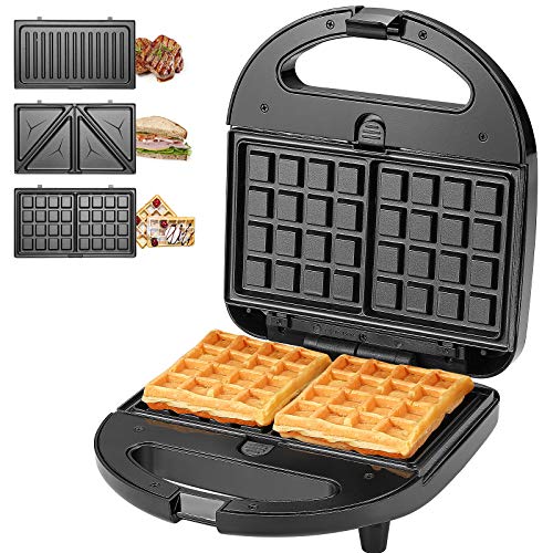 KotiCidsin Monsieur - Aparato de croca 3 en 1, parrilla, gofrera y sándwich, gran potencia de 750 W, 3 placas antiadherentes e intercambiables, acero inoxidable, color negro