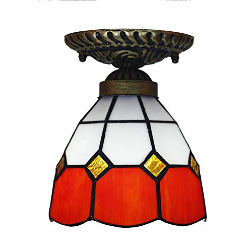 Lámpara De Techo Tiffany Style Pequeña, Vidrieras Semi Empotradas Luz De Techo De Estilo Mediterráneo Cocina Sala De Estar Balcón Interior Pasillo Lámpara,Rojo