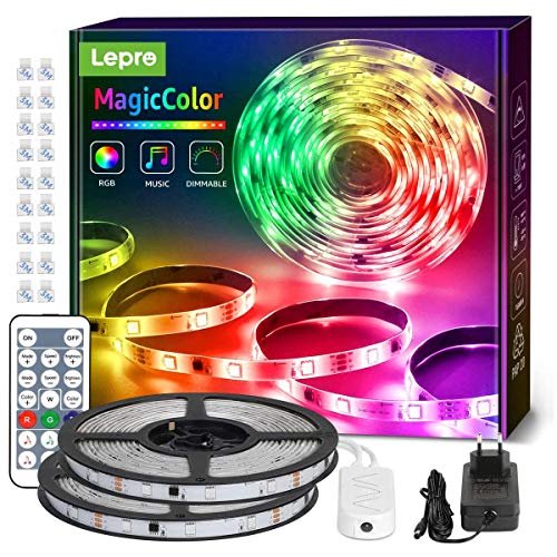 Lepro 20M Tira LED RGB Música, Tira Luz MagicColor, Tira luz música con control remoto, Tira LED Dreamcolor Impermeable IP65, Cadena luz cambia de color, Luz tira para decoración de fiestas navideñas