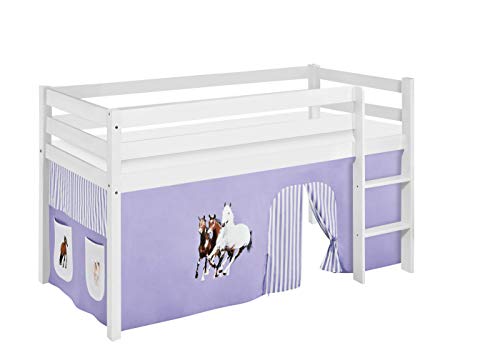 Lilokids Spielbett Jelle Pferde, Hochbett mit Vorhang Cama Infantil, Pino, Morado/Beige, 198 x 98 x 113 cm, 2 Unidades