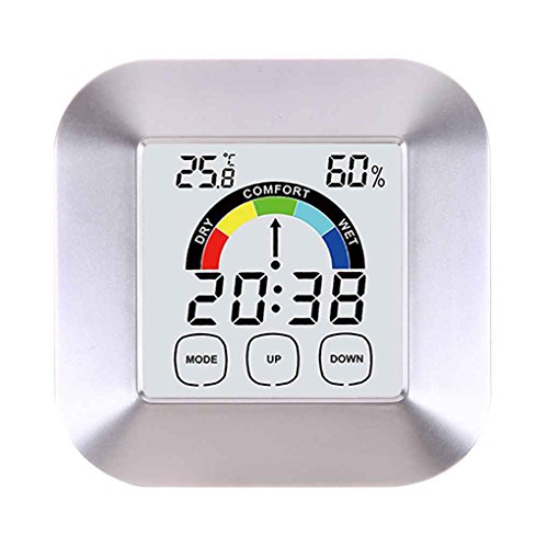 Medidor de humedad de la pantalla táctil digital termómetro higrómetro Reloj despertador Inicio interior Temperatura interior Humedad Medidor de índice de confort mostrar tabla de Temperatura