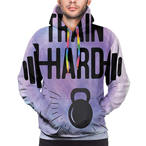 Men's Hoodies 3D Print Pullover Sweatershirt,Watercolors Style Train Hard Life Message Kettlebell and Barbell,3XL