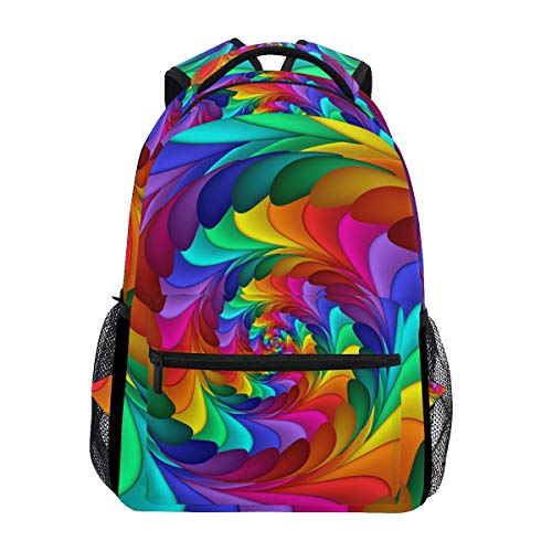 Mochila escolar con diseño abstracto de arcoíris en espiral, multicolor