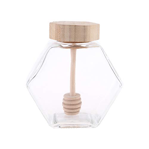 Moregirl Tarro de Miel con Forma Hexagonal, Tarro de Cristal para Miel, con cazo de Madera y Tapa de Corcho, para Cocina casera, Transparente