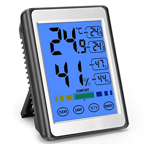 MOSUO Termómetro Higrometro Digital Interior, Termohigrómetro para Casa Ambiente Medidor de Temperatura y Humedad con Retroiluminación, Registrando Máximo/Mínimo y Pantalla Táctil