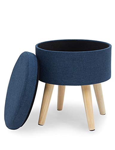 N A Taburete Redondo Puff Caja de Almacenamiento Asiento Extraíble Asiento de Lino con Tapa Patas Madera Maciza para Dormitorio Salón Pasillo (Azul)