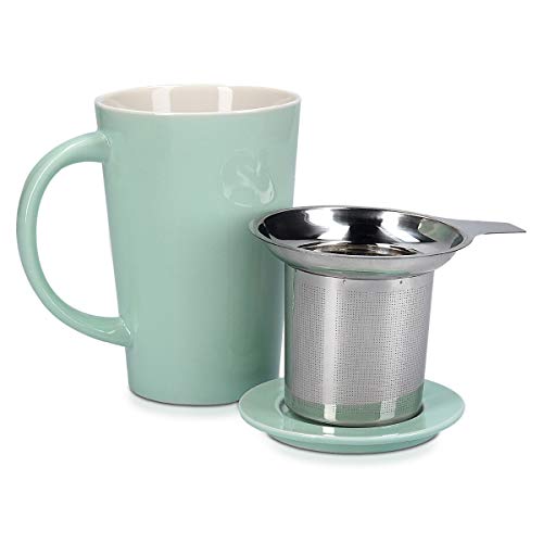 Navaris Taza de cerámica con Tapa - Taza con Filtro para Hacer té infusiones o tisanas - con infusor de Acero Inoxidable - 350ML - Verde