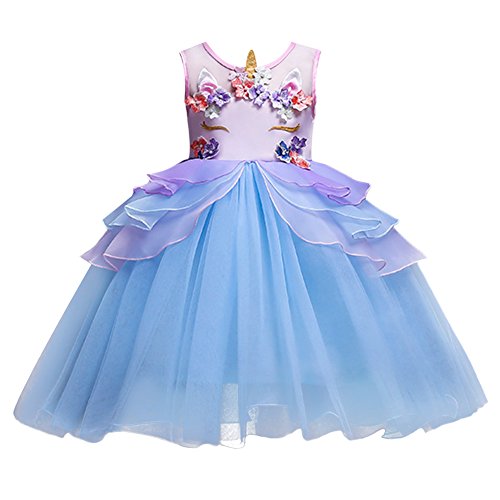 Niña Vestido Unicornio Disfraz Traje Princesa Tutu Falda para Fiesta Cumpleaños Desfile Comunión Boda Flor Niñas Dama de Honor Azul(una Pieza) 6-7 años