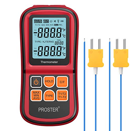 Proster Termómetro Digital de Doble Canal con Dos termómetros de Temperatura Tipo K con retroiluminación LCD para termopar K/J/T/E/R/S/N