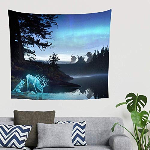 QIAO Mandala Alce Azul Dios Animal ¨¢rbol Negro Bosque Aurora Luz Fantas¨ªa Tapiz Tapiz psicod¨¦Lico Manta de Pared Manta de Playa Cabecera Fondo pa?o 200x150cm