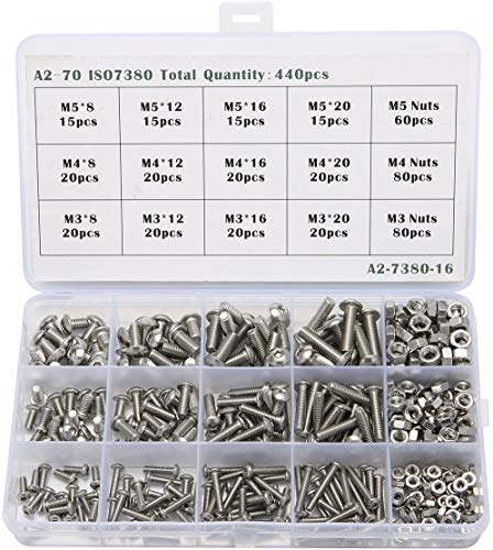 Queta 440 unidades Surtido de Tornillo M3 M4 M5 Juego de Tornillos y Tuercas acero inoxidable 304 Cabeza semicircular Combinación de tornillos hexagonales