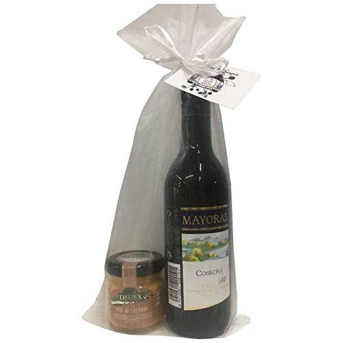 Regalo de vino Jumilla Mayoral con tarrito de paté de salmón en bolsa de organza para invitados (Pack 24 ud)