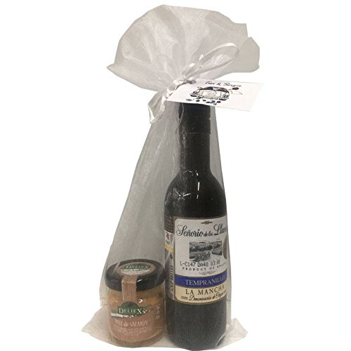 Regalo de vino Señorío de los Llanos Tempranillo con tarro miniatura de paté de salmón para invitados (Pack 24 ud)