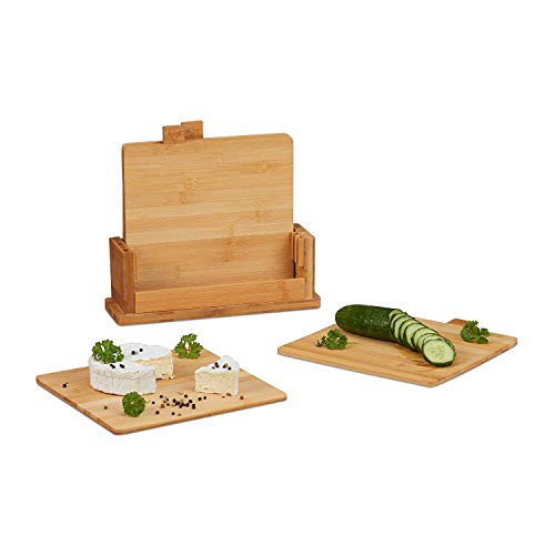 Relaxdays Set de 4 Tablas de Cortar Cocina con Soporte, Bandeja Rectangular, Pan, Picar, Plato Queso, Bambú, Marrón